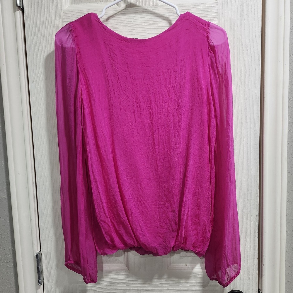 JOSH Made Italy Silk Blouse Womens Fuchsia Pink Sheer Sleeve Keyhole Top - Picture 10 of 12